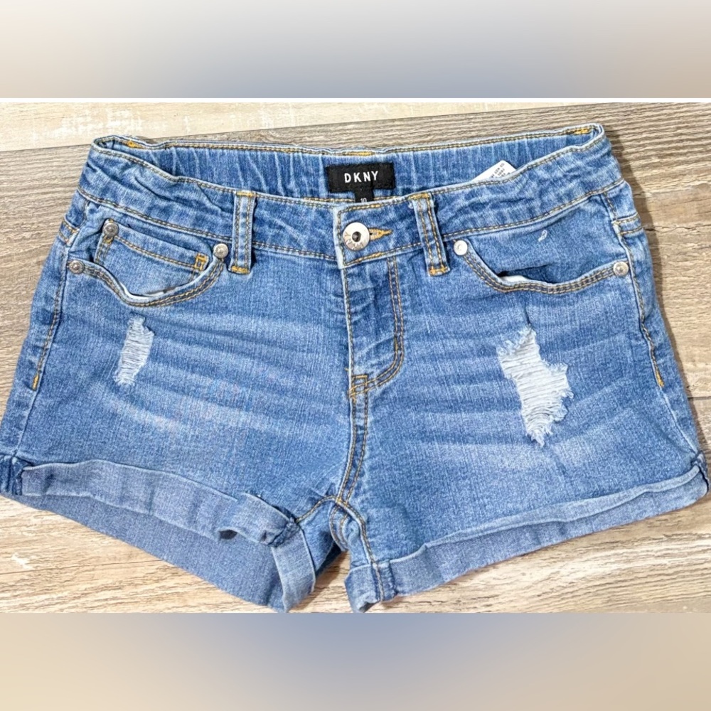 DKNY Girls Size 10 Distressed Denim Cuffed Shorts Adjustable Waist
